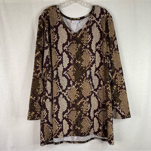 LulaRoe Elizabeth Tunic Women’s 2X Brown Tan Snake Reptile V Neck Long Sleeve - Picture 2 of 9